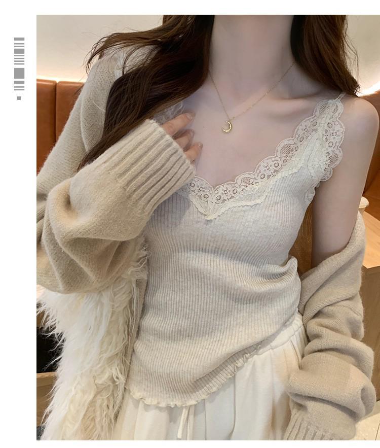 Lace V-Neck Women's Knitted Camisole: 2025 Autumn/Winter Trendy Layered Vest Design.