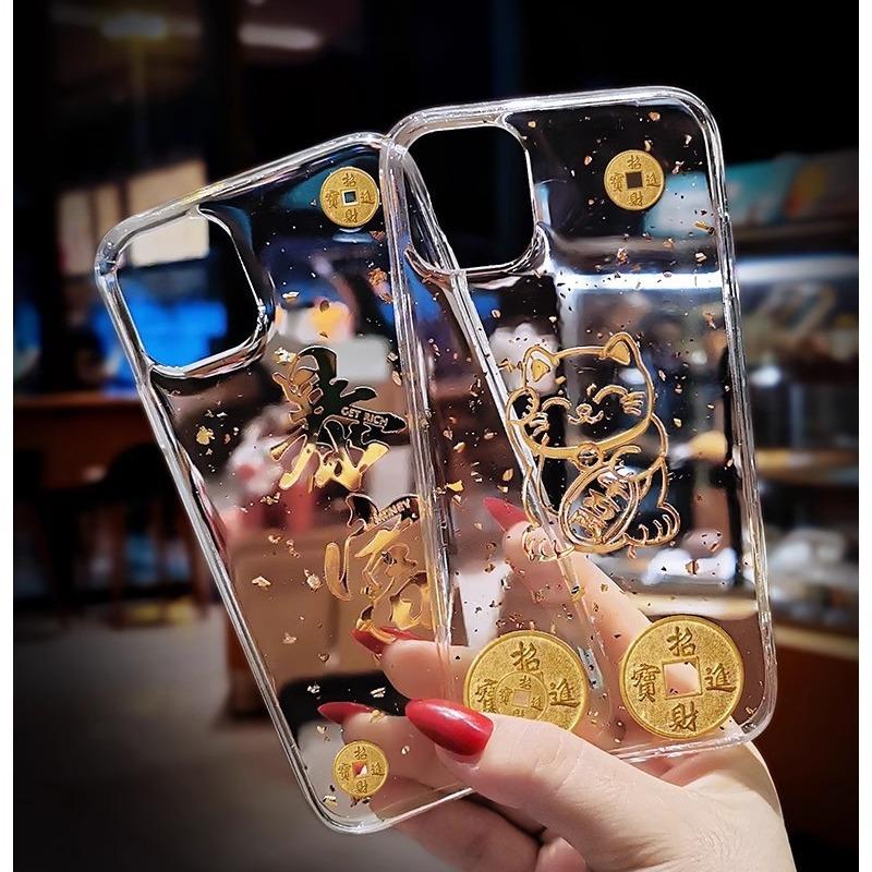 Transparent Resin Gold Foil Fortune Cat Suitable for iPhone 14, 15 Pro Max Case, iPhone 13