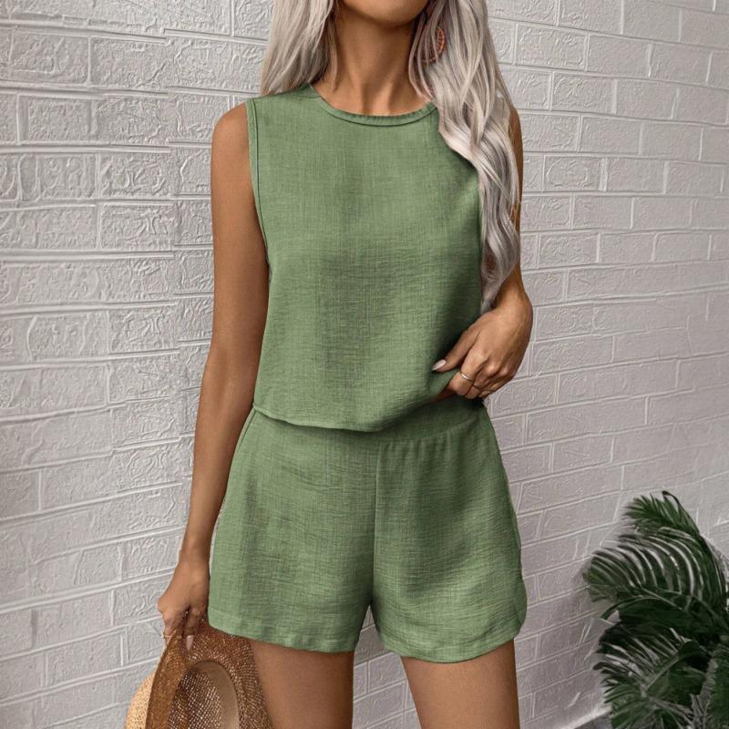 Women's Vacation Style Sleeveless Top and Shorts Summer Clothes Set