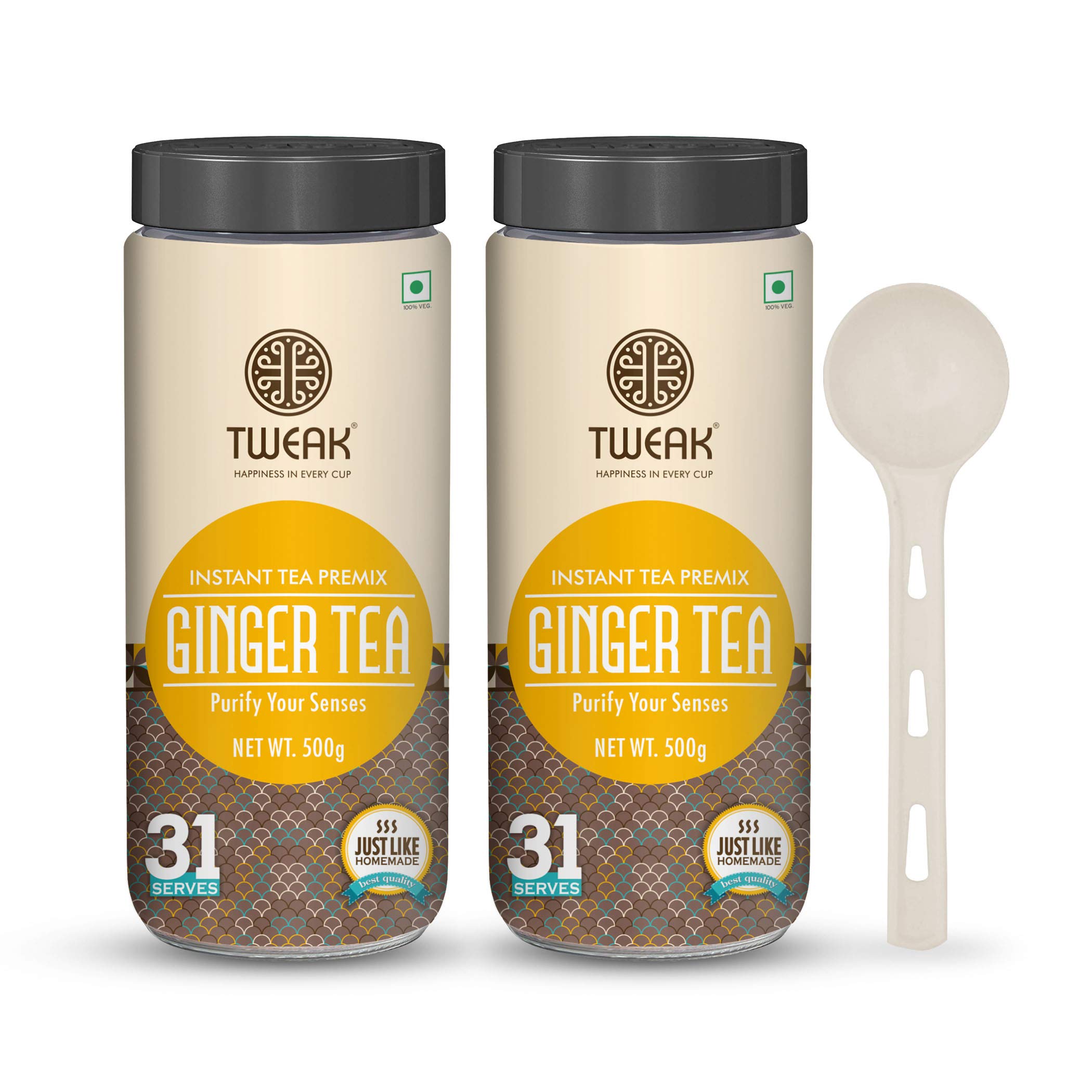 Tweak Instant Ginger Tea Premix 500g Jar (Pack of 2) | Ginger Chai with Milk & Sugar | Instant Tea Premix for Home & Office | Super Saver Combo| Mak