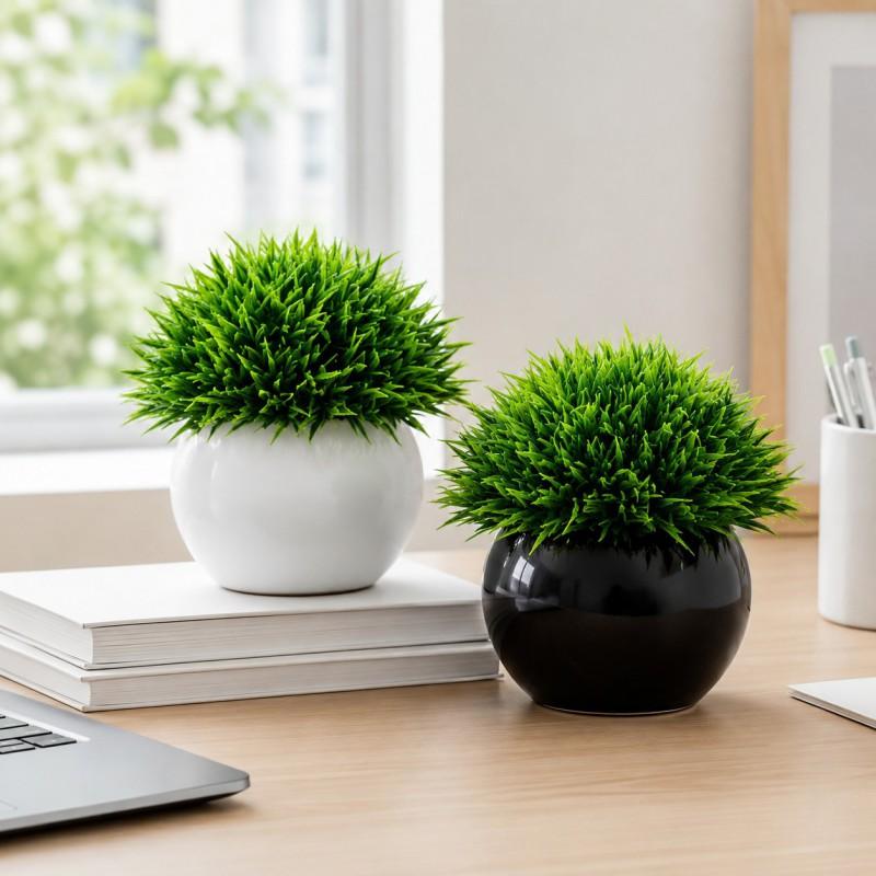 Artificial Short Needle Grass Desktop Plant In Half-Round Ceramic Pot Fake Greenery Office Desk Decor