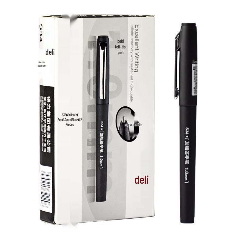 Deli S34 Gel Pen, 1.0mm Thick Bullet Tip, Black Signature Pen for Business & Practice