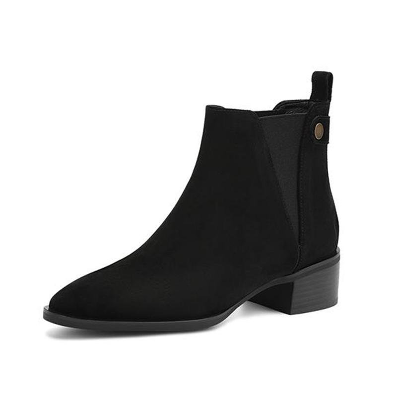 Krazing Pot Cow Suede Nubuck Winter Round Toe Chelsea Boots Med Heels Slip on Basic Design Metal Rivets Women Ankle Boots