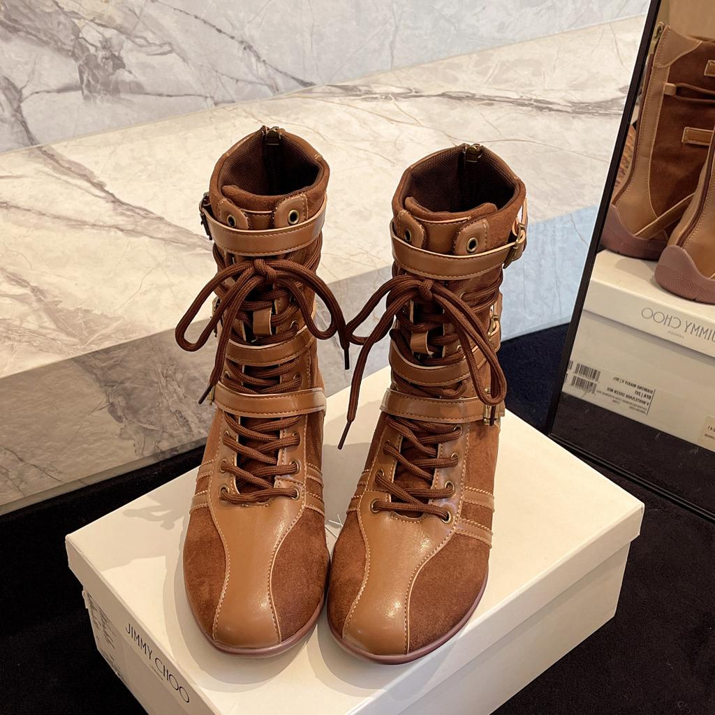 [Cowhide Edition] Thick-soled Brown Boxing Boots for Women's 2025 Season New Retro Martin Boots with Belt Buckle Medium Boots