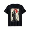 European Sizes Men's Black T-Shirt with Retro Kawaii Japanese Samurai Cat Warrior Art Design