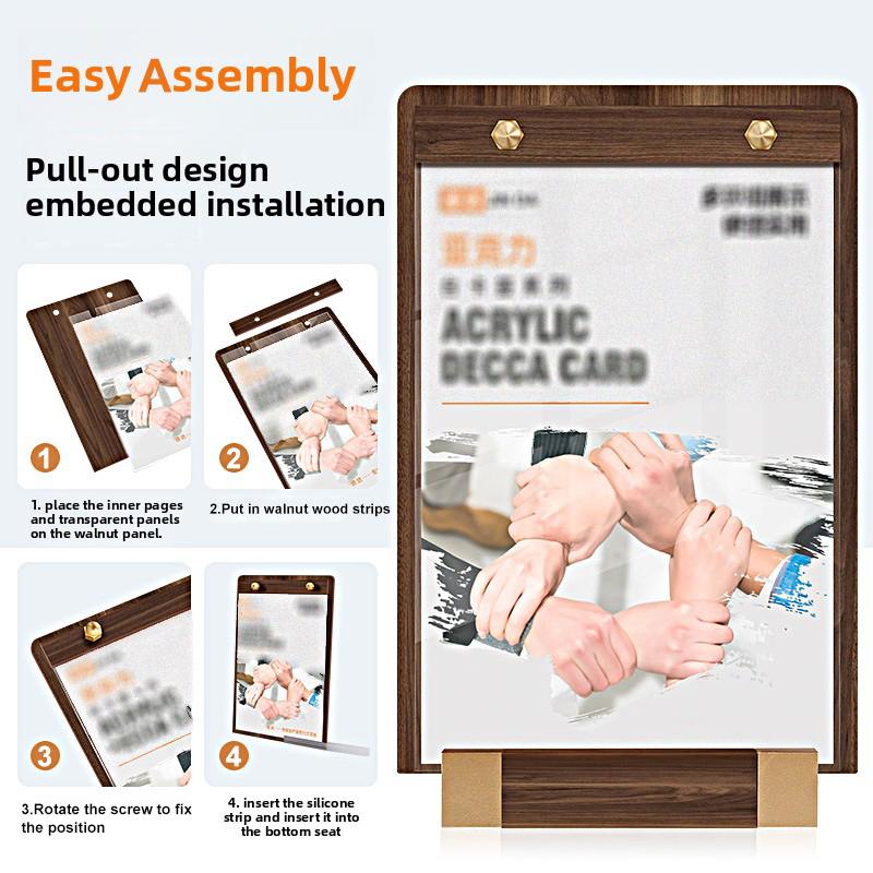 1PC Transparent Panel Price Display Board Walnut Wood Base Restaurant Tent Sign Holder Signs With Metal Finish Dinner A4 A5 A6