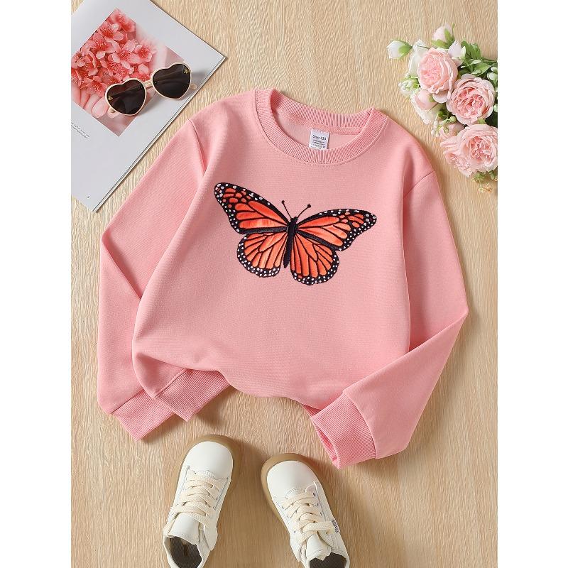 Kids Sweatshirt Round-neck , Orange Butterfly Wing Pattern , Crewneck Sweatshirt, Soft & Comfortable, Versatile Casual Wear , Outdoor Sports
