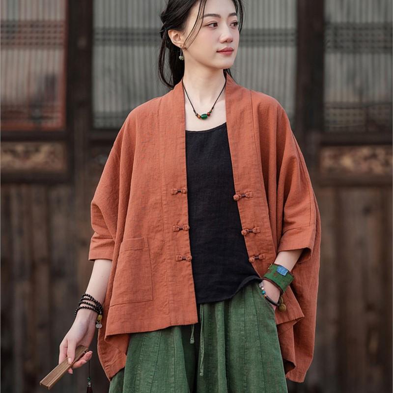 

Johnature Women Vintage Stand Seven Sleeve Spring Autumn Button Pockets Solid Color Coats One Size помаранчевий