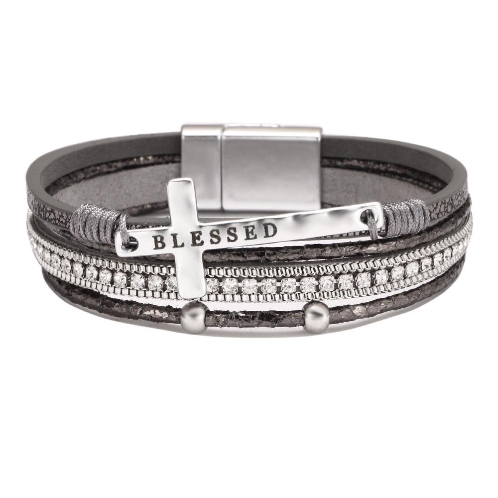 Bohemian Micro-Diamond Cross Bracelet with Magnetic Clasp & PU Leather