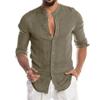 Plus Size Men's Spring and Summer Comfortable Long Sleeve Linen Top Solid Buttoned Stand Collar Loose Shirt
