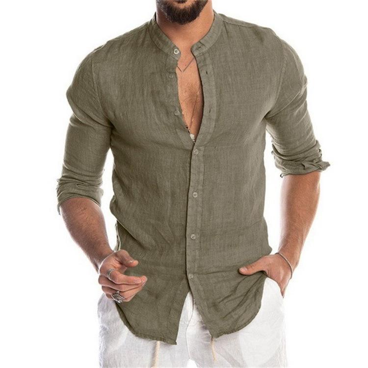 Plus Size Men's Spring and Summer Comfortable Long Sleeve Linen Top Solid Buttoned Stand Collar Loose Shirt