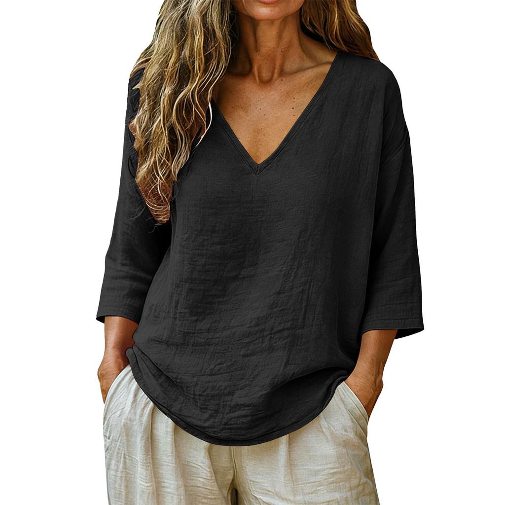 Donna Nuova Primavera Estate Cotone Slub Manica 3/4 Scollo a V Top, Blusa Casual Moda Larga