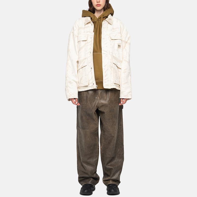 Stussy Holiday Collection FW23 Shop Jacket Distressed Canvas Warm Work Jacket Unisex Jackets White 115726