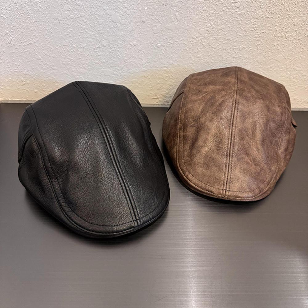 American Retro PULeather Plain Baker Beret Hat for Women Autumn Winter Unisex Beret Newsboy Cap Thicken Warm Duckbill Peaked Cap