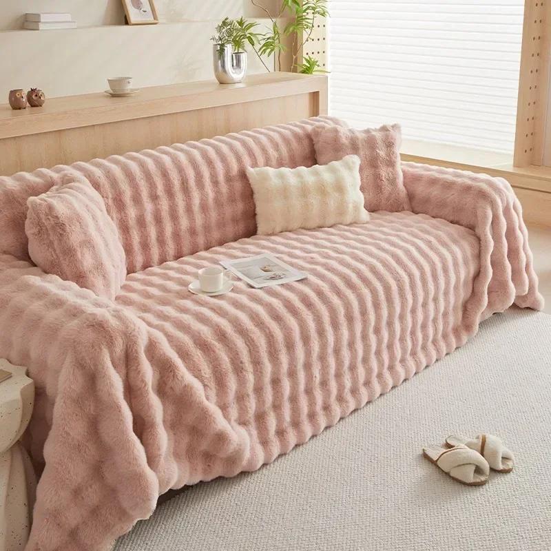 Luxury Faux Fur Sofa Covers for Living Room Warm Winter Super Soft Plush Couch Covers Bubble Shaped Thick Slipcover Sofa Towel