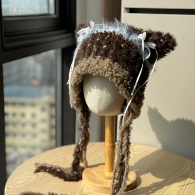 Korean Version of Sweet Striped Mixed Color Bow Stitching Knitted Woolen Hat for Women Autumn and Winter New Thickened Warm Ear Protection Hat