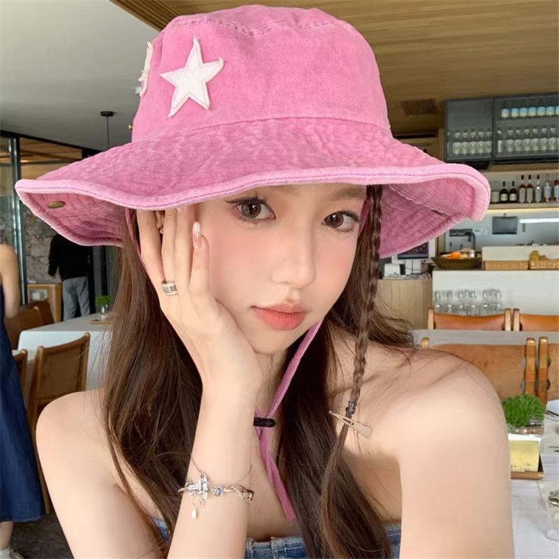 1Pc Punk Star Wide Brim Cowboy Hat For Women Girl Summer Sunscreen Fordable Sunshade Fisherman Cap Outdoor Camping Climbing Hats