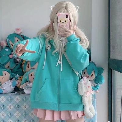 Harajuku Kawaii Y2k Style Hoodies Women Japanese Style Sweet Cat Ear Zip Up Oversized Sweatshirts Hooded Jacket