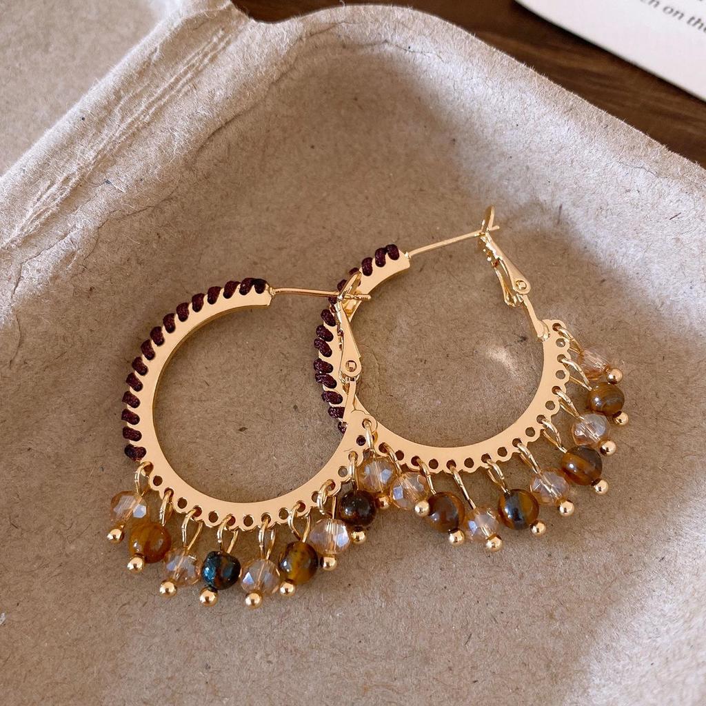 Silver Needle Tiger Eye Round Geometric Pendant Earrings - Retro Millard Style Studs with Unique Niche Design