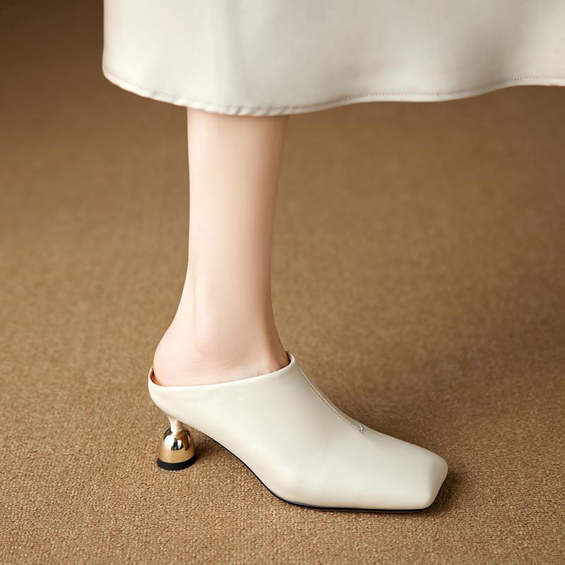 Fashion Women's Shoes New Spring/Summer Square Toe Genuine Leather Sheepskin Baotou High Heel Large Muller Half Slippers Heels Women