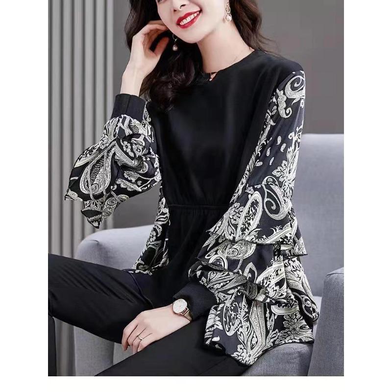Autumn Long-sleeved Women's Tops Round Neck Printed Fashionable Middle-aged Plus Size Bottoming Shirts for Women