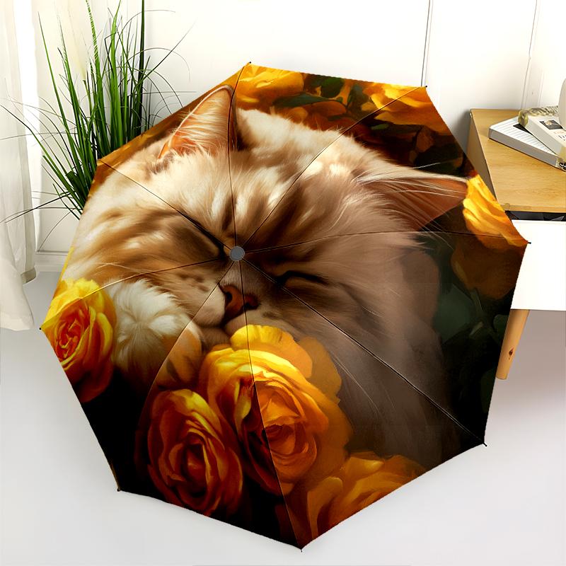 Rose and Persian Cat Pattern, Automatic Folding Umbrella, Portable and Foldable Design, 8 Ribs, a Christmas or Birthday Gift.