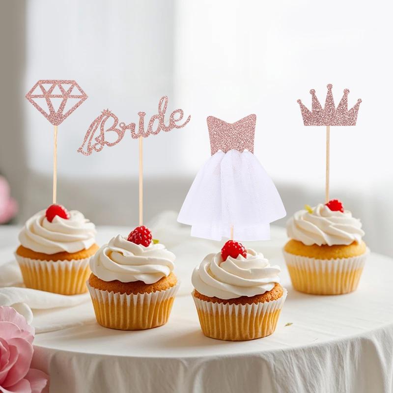 8pcs Rose Gold Bride Glitter Diamond Cupcake Topper Wedding Bridal Shower Cake DIY Decoration Bachelorette Hen Party Supplies