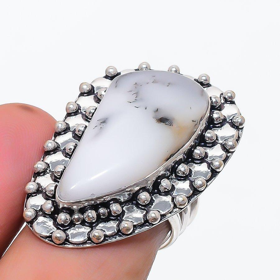 Natural Dendrite Opal Gemstone 925 Sterling Silver Jewelry Ring Size 7 z5W66
