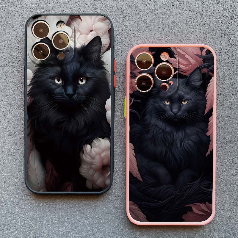 Art Painting Rose Cat Phone Case For iphone 15 14 Plus Pro Max 13 12 Mini 11 Pro MAX XS X XR 8 7 SE 2020 Shockproof Shell Cover