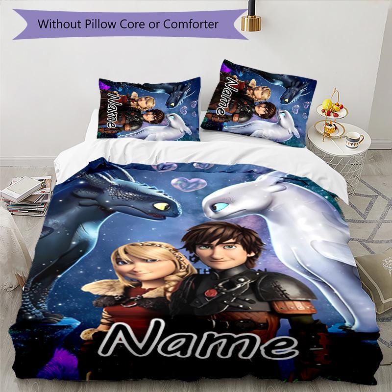 3pcs Toothless Cover Set - Personalized Name, HD Printed Bedding with 1 Cover and 2 Pillowcases - Perfect for Home Decor, Easy Care