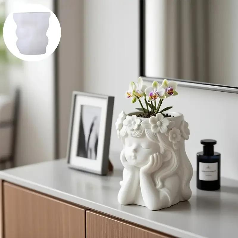 A Top Quality Wearing Wreath Girl Shape Vase Silicone Molds DIY Candle Cup Vessel Plaster Concrete Mould Storage Box Flowerpot