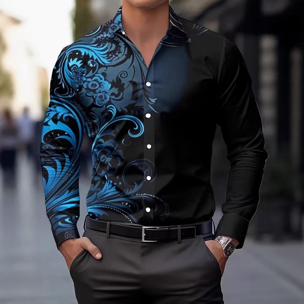 

Весна Осінь Нова Чоловіча Сорочка з Довгим Рукавом Чоловіча Ділова Повсякденна 3D Цифровий Принт Сорочка з Комірцем M синій