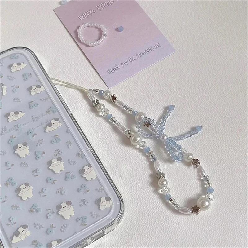 Korean Cute Bowknot Star Pearl Pendant Beaded Phone Charm For iPhone Accessrioes Universal Lanyard Girl Jewelry Hanging Rope 1