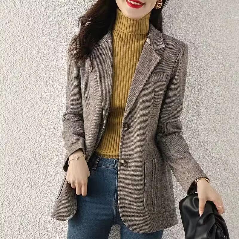 Dame High-End Grå Dressjakke: 2025 Vår Koreansk Stil Casual Liten Blazer