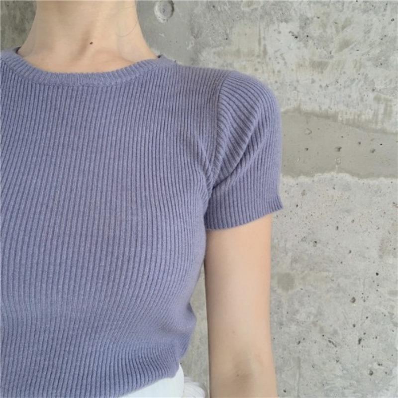 Fashion Avocado Green Short-sleeved T-shirt Female Spring and Summer Slim Tops Tight Knit Shirt Thin Wind Casual Essential Slim Fit Pullovers Tees