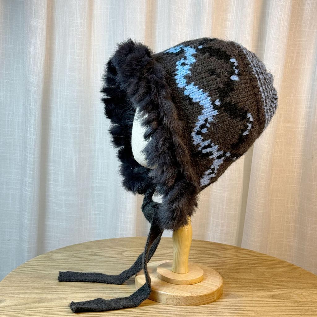 New Style Real Rabbit Fur Hat for Women Winter Thickened Warm Wool Hat Ethnic Style Plush Cold Proof Ear Protection Lei Feng Hat