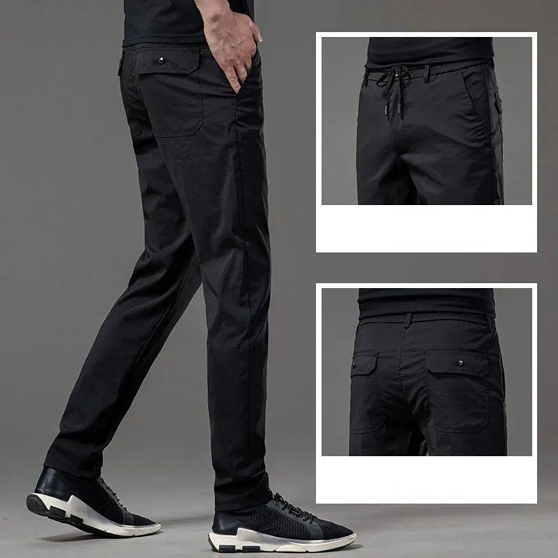 Spring Summer Cotton Men Casual Pants Elastic Waist Business Korean Fashion Straight Classic Solid Color Trousers Black Khaki