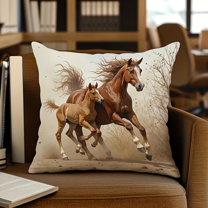 Federa per Cuscino Quadrata Stampa Cavallo Marrone Maestoso e Pony che Corrono Morbido Poliestere Lavabile in Lavatrice Copricuscino per Casa Ufficio Divano B