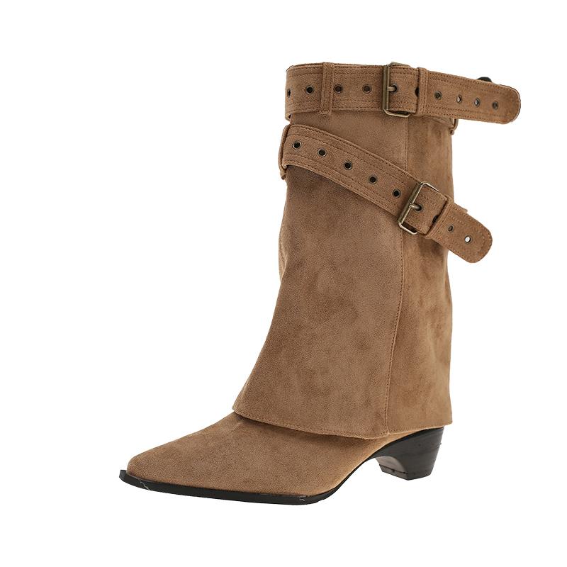 

Sleeve Boots Autumn New Pointed Toe Cow Suede Stud Metal Buckle Soft Slip Mid-Tube Boots 41 хакі