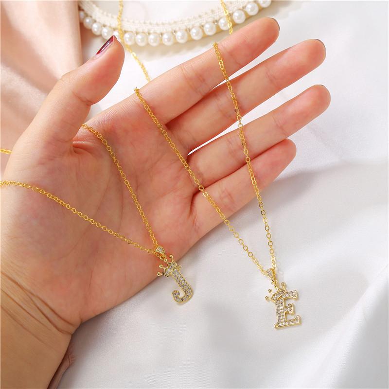 Fashion Cubic Zirconia Crown Letter Pendant Necklace Gold Hip Hop Punk Alphabet Jewelry