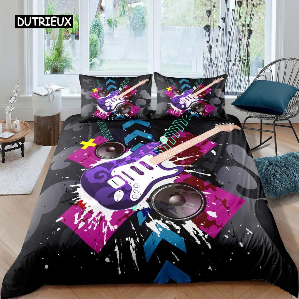 Rock Music Duvet Cover King Jazz Music Bedding Set for Teens Hip Hop Graffiti Comforter Cover Music Notes Polyester Quilt Cover