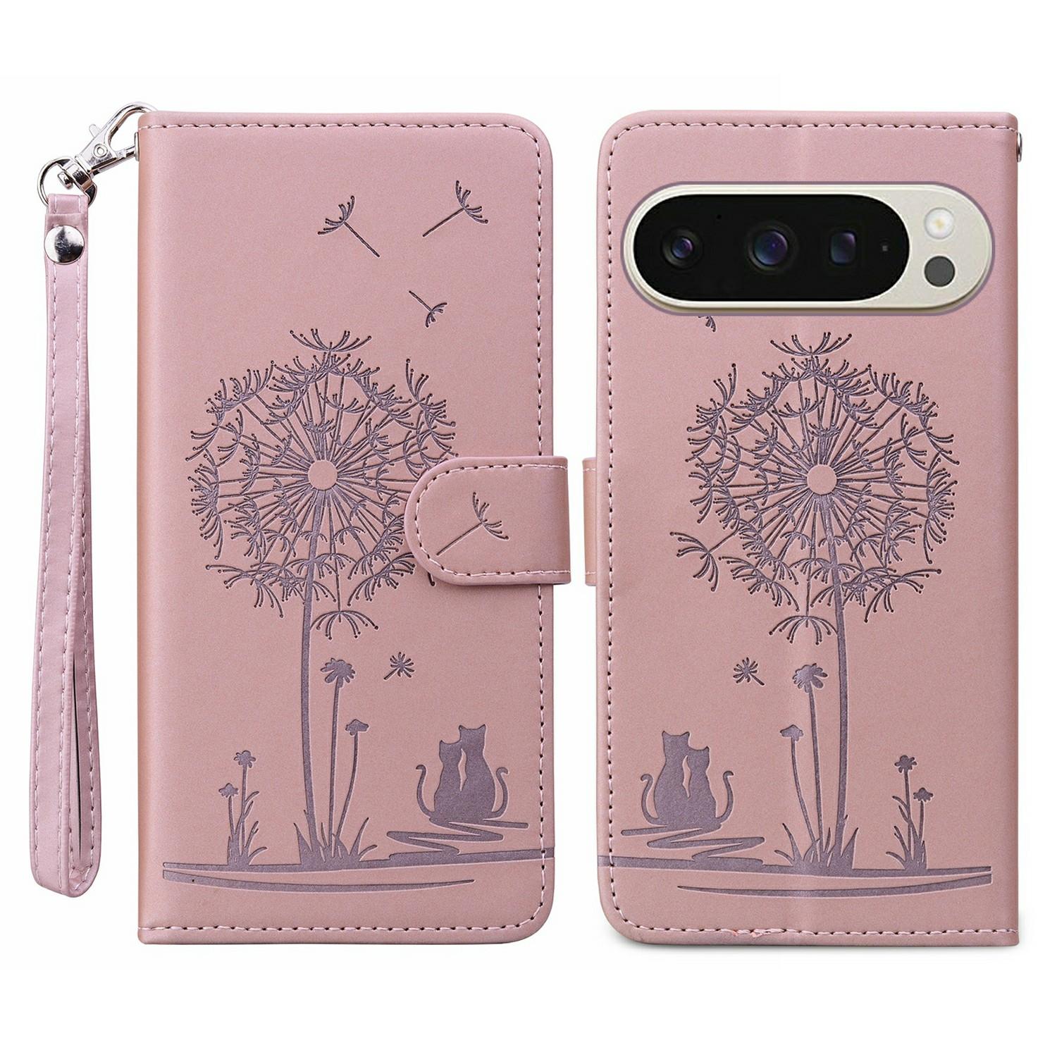 

For Google Pixel 9/9 Pro Case Cat Dandelion Imprint PU Leather Wallet Phone Cover with Strap B