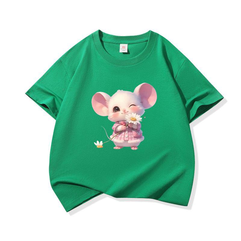 Kids Cotton T Shirt Little Mouse With Daisy Flower Print Crew Neck Short Sleeve Tee Casual Boys Girls Summer Tops
