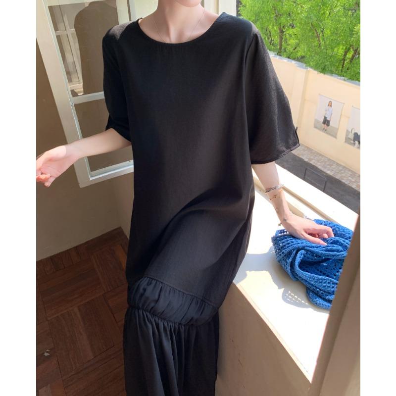 DIMANAF Women 2025 Plus Size Dress Summer Vintage Dress Basic Long Casual Loose Solid Black Dress Maxi