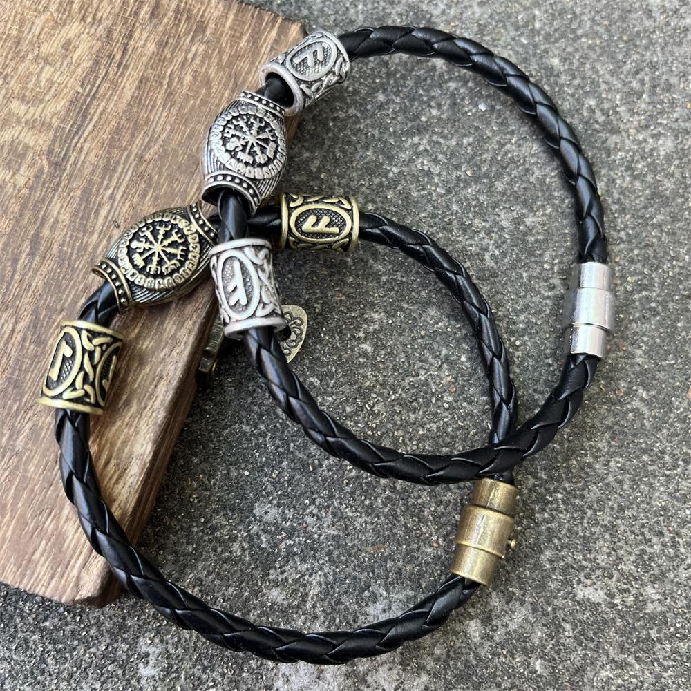 Norse Runes Beads Viking Leather Magnetic Bracelet For Men Women Adjustable Unisex Accessories
