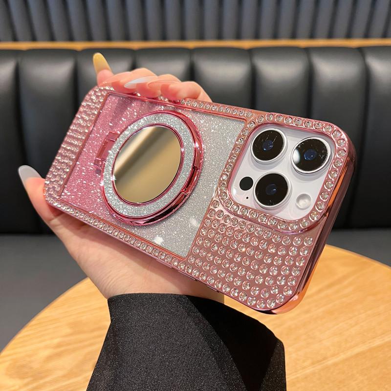 Applicable To Apple 16 ProMax Diamond inlaid Flash Powder Mirror Bracket Mobile Phone Case Magnetic IPhone 15 Luxury Protective Case