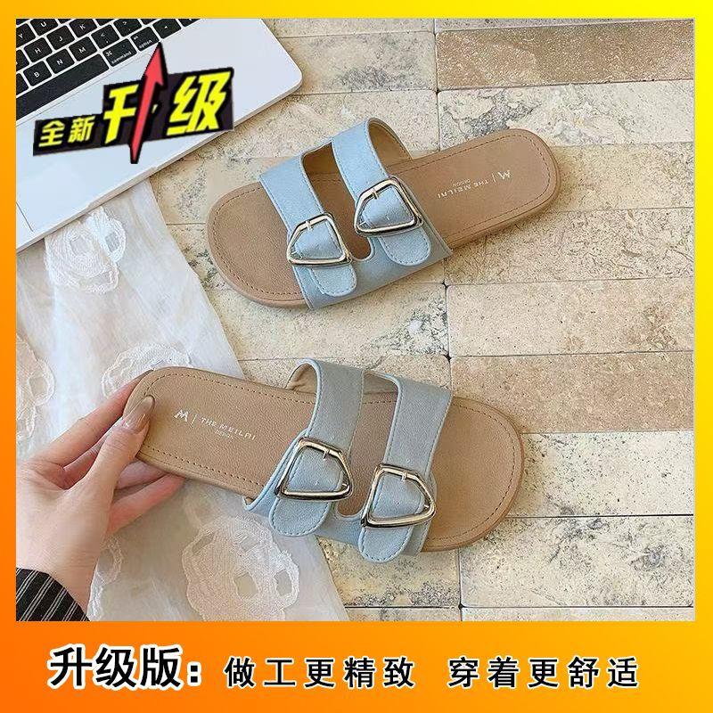 2025 summer double-breasted slippers women's flat-bottomed versatile casual outer wear lazy Boken one-word cool slippers explosion