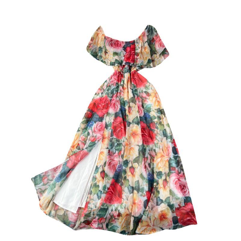 French Style Retro Print Tea Dress Women's Summer Gentle Waist Slim Looking Temperamental Fairy Ruffles Chiffon Dress