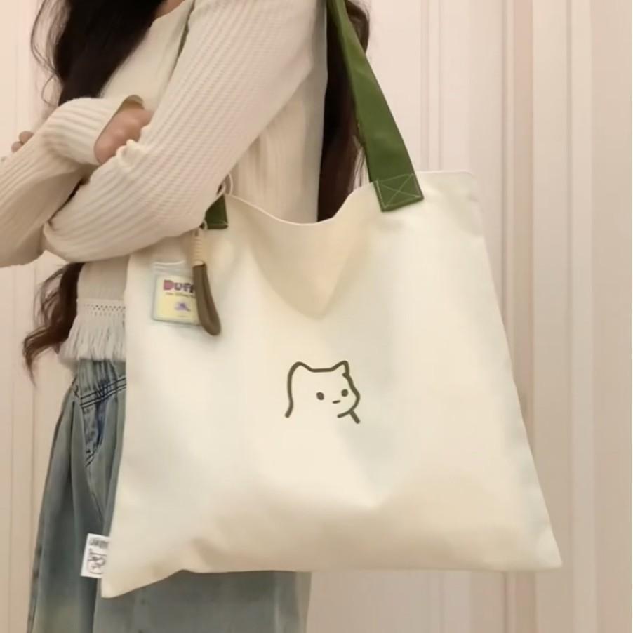 Canvas Bag, New Women's Handheld Cloth Bag, Large Capacity Book Bag, Junior High School Student Tutoring Shoulder Bag Summer