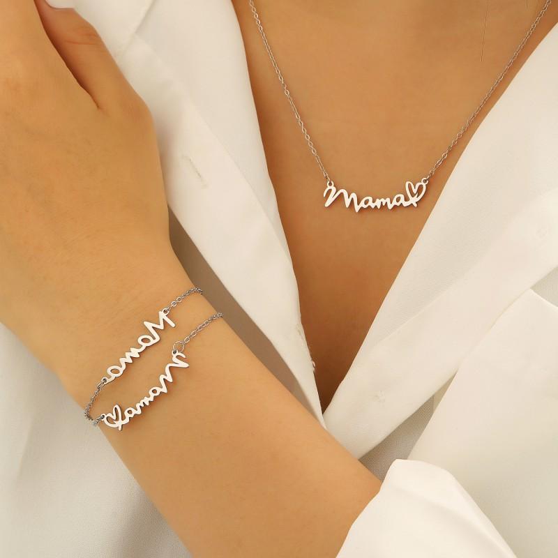 Stainless Steel MAMA Letter Pendant Necklace Bracelet Set Women Minimalist Elegant Mothers Day Gift